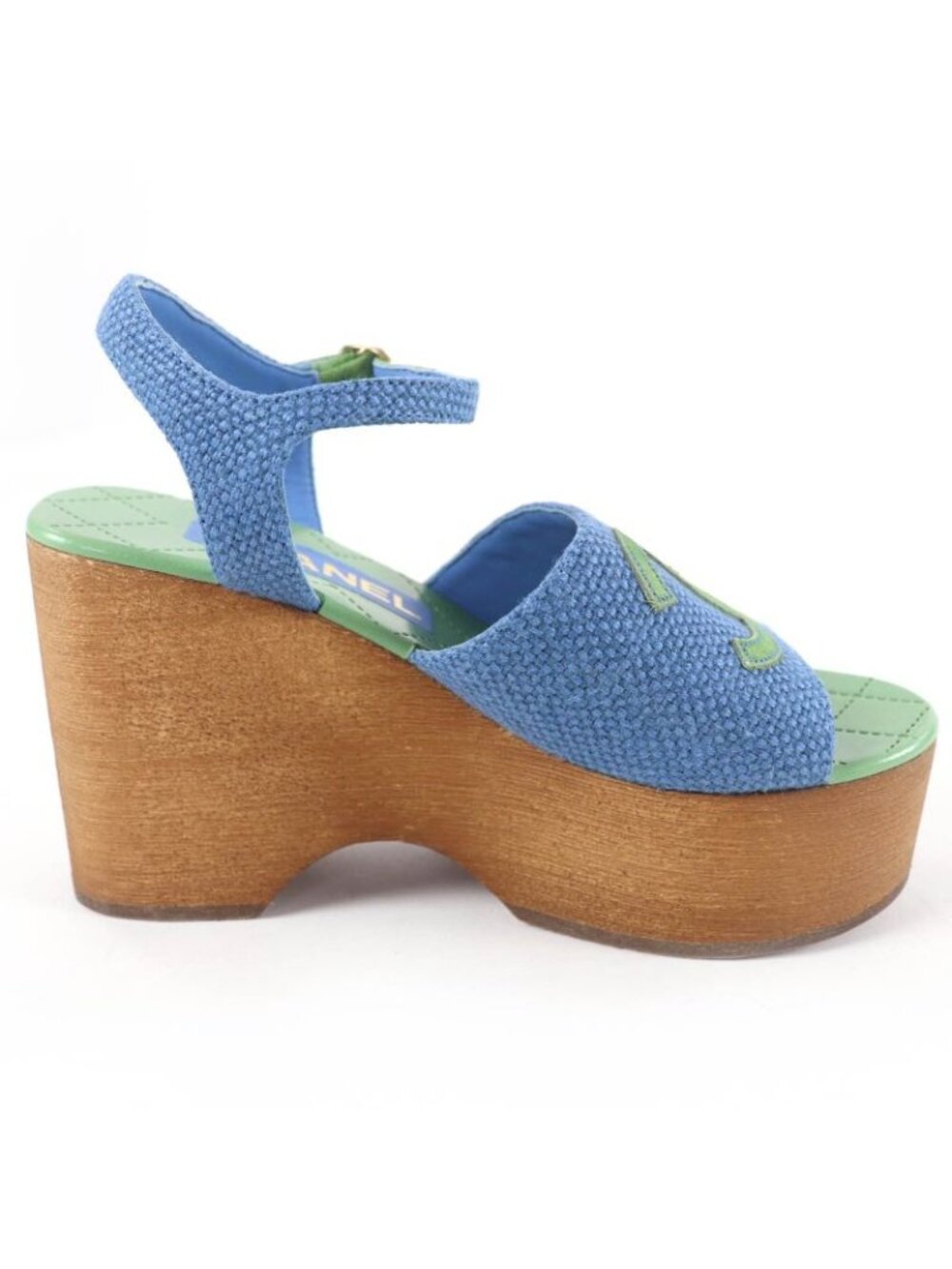 Chanel CC Logo Ankle Strap Wedge Sole Sandals Blue Green 35 - Picture 5 of 11